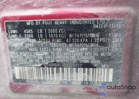 2011 Subaru Outback 2.5I z USA, uszkodzony, nr VIN 4S4BRBAC3B3370052